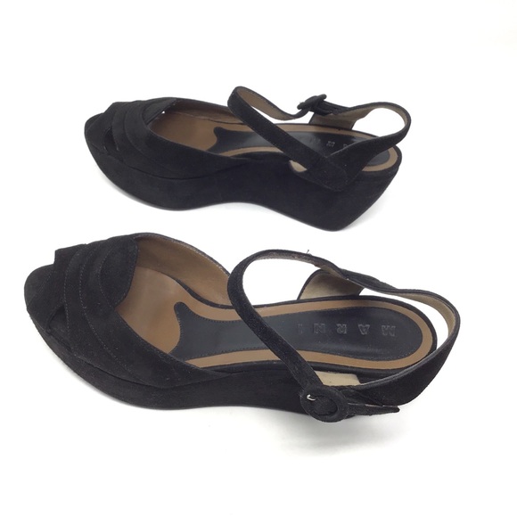 MARNI Suede Ankle Strap Platform Wedge Black Sandal - Picture 7 of 12